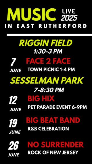 Flyer of various live music events in East Rutherford